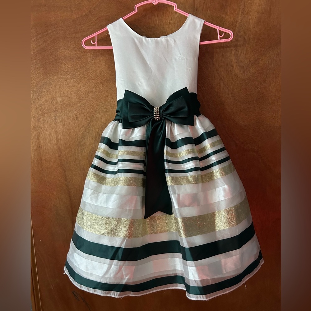 Rare Editions White and Gold Striped Kids Dress